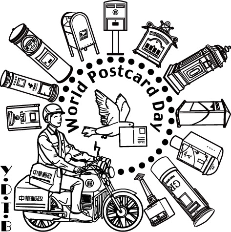 Souvenir cancellation stamp for World Postcard Day with many of the world's postboxes