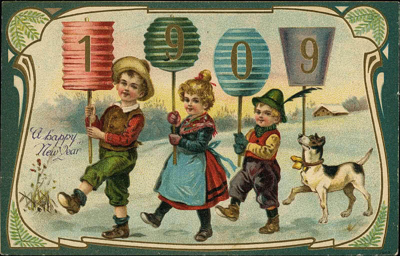 1909 New Year postcard showing three children and a dog holding digit signs for year