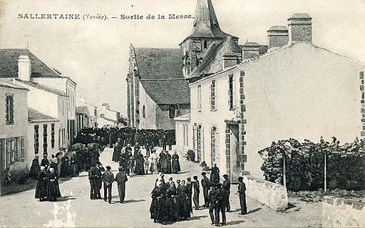 Old sepia postcard of people exiting from mass