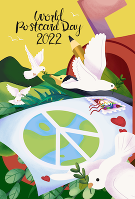 Colorful illustration with doves holding olive branches flying above a postcard with a peace symbol. There's also a mailbox, a pen and a pencil.