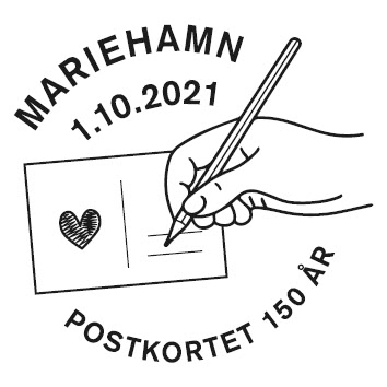 Aland Post cancellation mark, featuring a postcard with a heart on the left side, and a hand writing it on the right side. The words Mariehamn 1.10.2021 can be read on the top, and Postkortet 150 år, in the bottom.