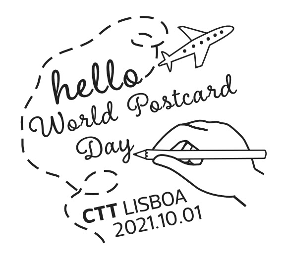 Cancellation mark featuring a hand writing Hello World Postcard Day