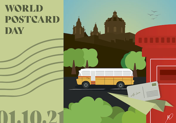 Illustrated postcard featuring a red postbox, with a postcard entering it, a bus and a cathedral on the background, with the date 01.10.21 and the phrase World Postcard day in green, on the left