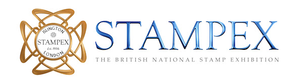 Stampex Logo, featuring their golden insignia on the left with the text Islington Stampex est. 1956 London written in the center, and the text Stampex — the British National Stamp Exhibition on the right