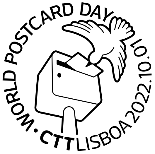 Special postmark for the World Postcard Day done by CTT with a flying dove delivering a postcard to a postbox