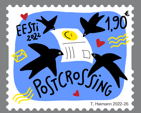 The Estonian Postcrossing stamp features four black birds on a black background, all holding onto the same postcard in their beak. On the postcard, there's a yellow smiley face on the message side. Several yellow lines, hearts and envelopes float around the birds. The stamp reads POSTCROSSING, EESTI 2022 and 1.90€