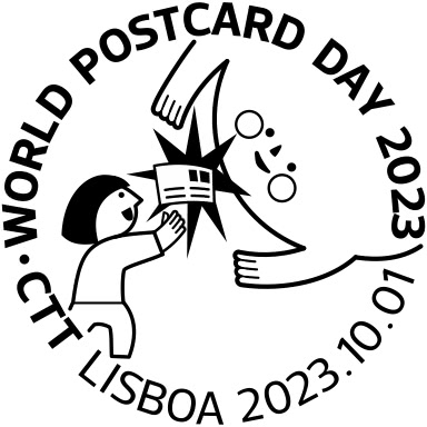 Special postmark for the World Postcard Day 2023 done by CTT with a child on a boat who extends her arms up to the moon above, who is waiting for an embrace. Between them, a postcard shines