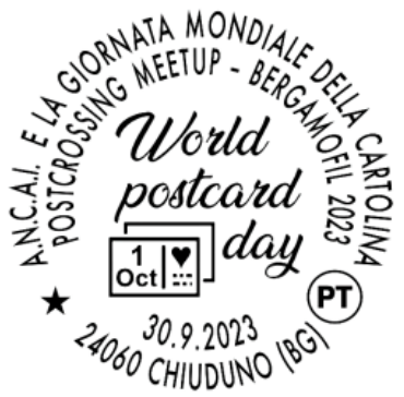 Circular special cancellation mark for the World Postcard Day 2023 at Chiuduno (Bergamo)