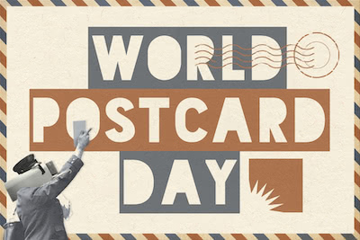 Vintage-style postcard design with the text 'World Postcard Day,' featuring muted colors in orange, blue, and white, with an image of a person in a postman uniform holding up a letter in the bottom left corner.