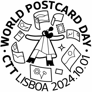 Special postmark for the World Postcard Day 2024 done by CTT with a person in a whirlwind of mail items flyring around