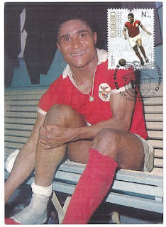 Postcard with Eusebio football player. Postcard has a stamp also of Eusebio