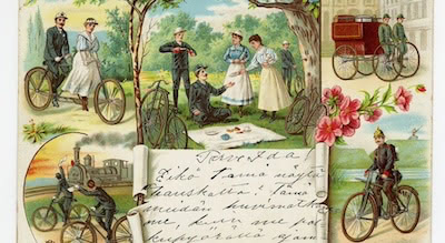 Vintage postcard with illustrations of people enjoying bicycles, a picnic, and various outdoor activities, accompanied by handwritten script in the foreground.