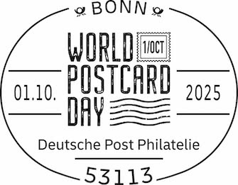 Oval-shaped postmark design for World Postcard Day 2025 in Bonn, dated 01.10.2025, with text 'Deutsche Post Philatelie', postal code 53113, and the World Postcard Day logo