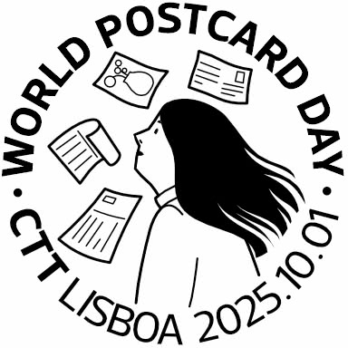 Special postmark for the World Postcard Day 2025 done by CTT with an illustration of a person looking up at floating postcards, surrounded by the text 'World Postcard Day • CTT Lisboa 2025.10.01'