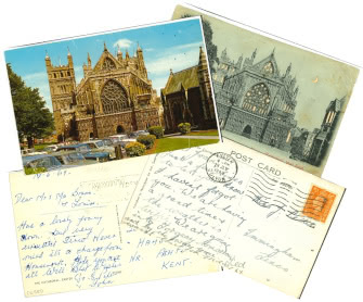 A collage of vintage postcards featuring Exeter Cathedral on the front and handwritten messages with postage stamps on the back