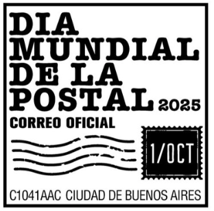 Black and white graphic for World Post Day 2025 featuring the text 'Día Mundial de la Postal 2025, Correo Oficial' with a postage stamp marked '1/OCT' and postal wave lines; location noted as 'C1041AAC Ciudad de Buenos Aires'
