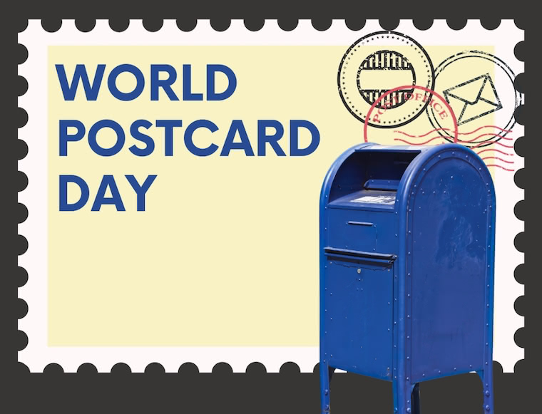 Illustration of a postage stamp with the text World Postcard Day, featuring a blue mailbox and postal-themed stamps in the background