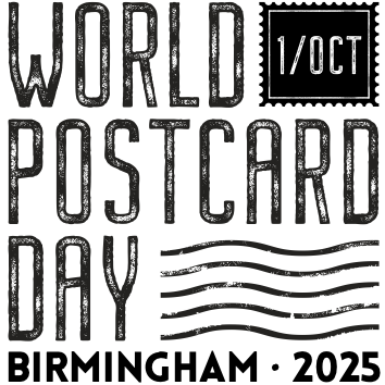 Special postmark by Royal Mail which is the World Postcard Day logo with 'Birmingham 2025' written under it