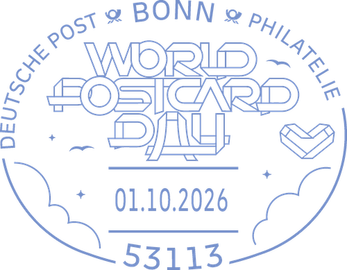 Oval-shaped postmark design for World Postcard Day 2026 in Bonn, dated 01.10.2026, with text 'Deutsche Post Philatelie', postal code 53113, and the World Postcard Day logo