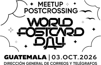 World Postcard Day 2026 meetup poster for Guatemala, held on 3 October 2026 at the Dirección General de Correos y Telégrafos