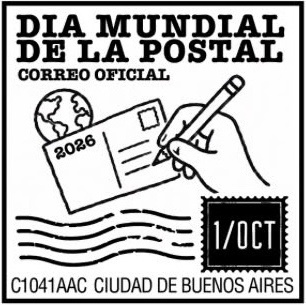 Black-and-white postal graphic for Día Mundial de la Postal, showing a hand writing on an envelope beside a globe, dated 1/OCT 2026, Ciudad de Buenos Aires.