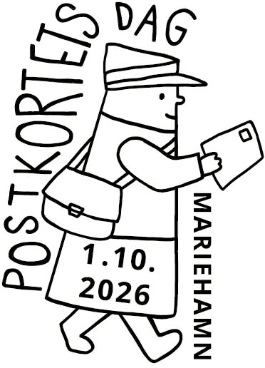 Black-and-white line drawing of a postal worker with a satchel holding a postcard, with text announcing Postkortets dag, 1.10.2026, Mariehamn