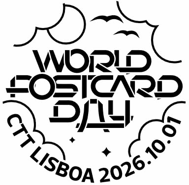 Logo for World Postcard Day, featuring stylized black text reading World Postcard Day with curved decorative cloud-like outlines and birds above, and 'CTT Lisboa 2026.10.07' below.