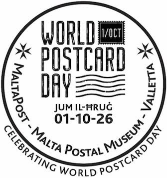 Circular black-and-white Malta Postal Museum postmark celebrating World Postcard Day, dated 1 October 2026, Valletta.