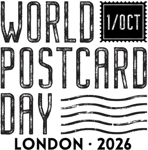 Special postmark by Royal Mail which is the World Postcard Day logo with 'London 2026' written under it