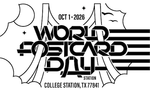 Black-and-white World Postcard Day 2026 graphic with bold geometric lettering, October 1 date, and College Station, Texas 77841 location amid abstract line art and stripes.