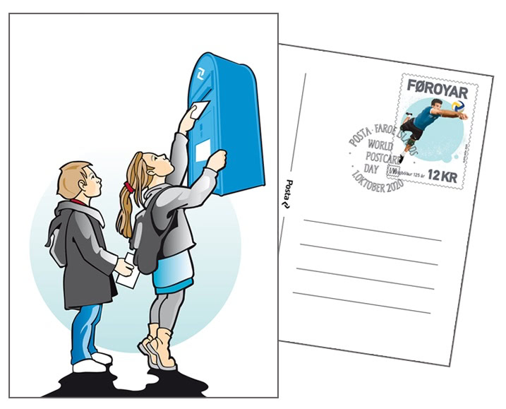 Postcard design featuring 2 children, mailing a postcard on a blue mailbox