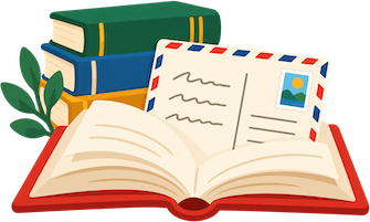 Illustration of an open book with a postcard and stacked books