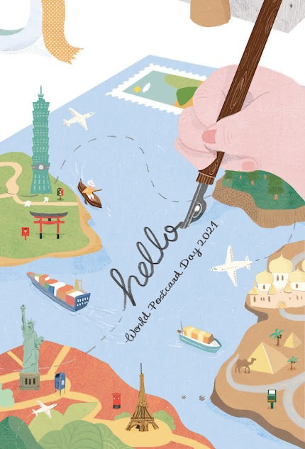 The official postcard of the World Postcard Day 2021 features a hand writing hello on an oversized postcard, showing different monuments from around the world.