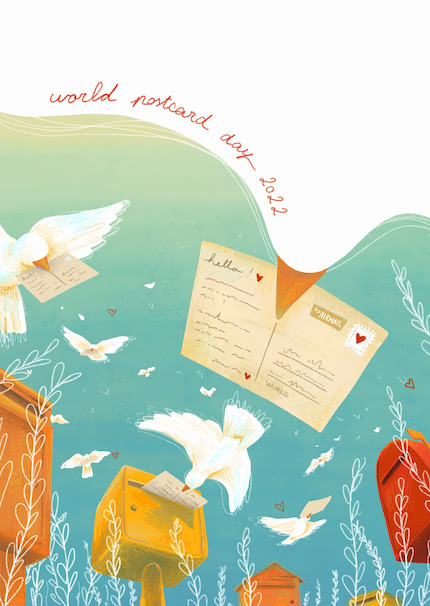 A group of white doves with postcards on their beaks is flying around, delivering postcards to several different mailboxes. Overhead is written World Postcard Day 2022.