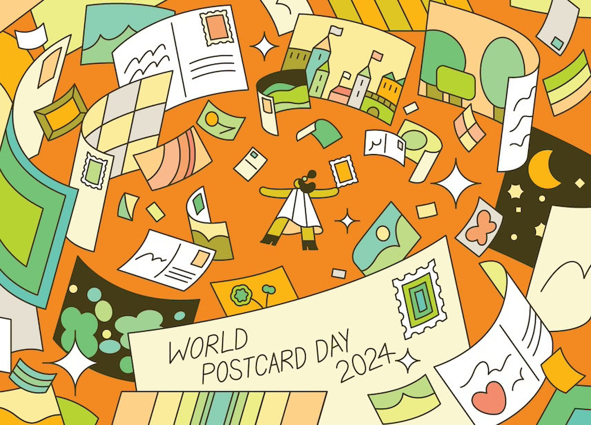 An illustration celebrating World Postcard Day 2024, featuring various postcards, stamps, and envelopes floating on a vibrant orange background. The scene includes elements like a cityscape, trees, and stars, with a whimsical character in the center.