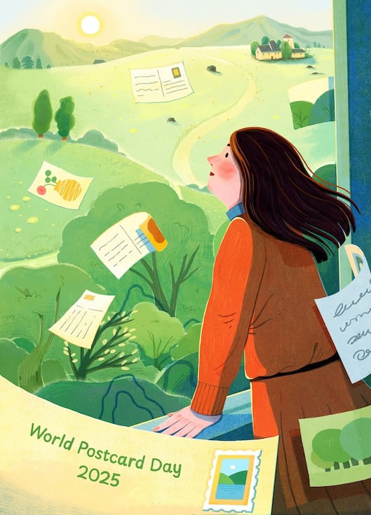 Illustration of a woman looking out over a sunny, green landscape filled with floating postcards; text at the bottom reads 'World Postcard Day 2025'